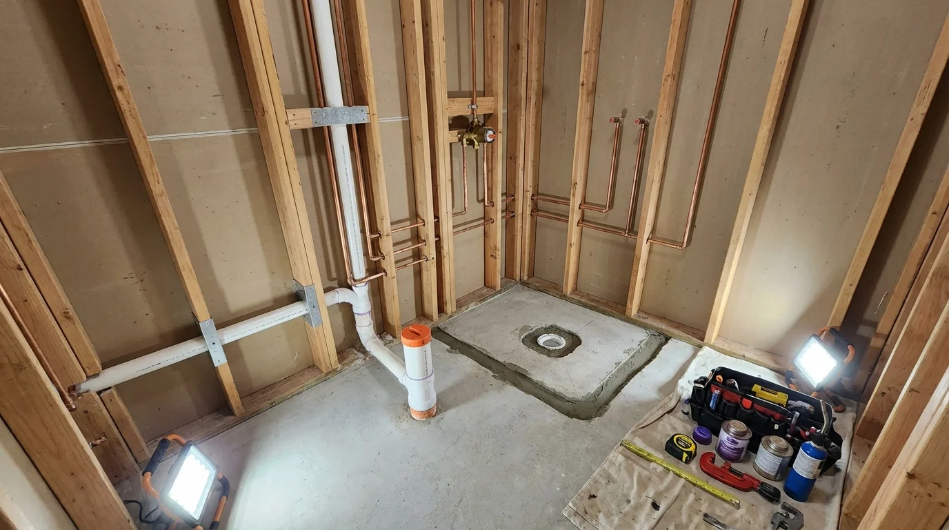 Bathroom rough-in plumbing during remodel by Johns Plumbing LLC in San Luis Obispo