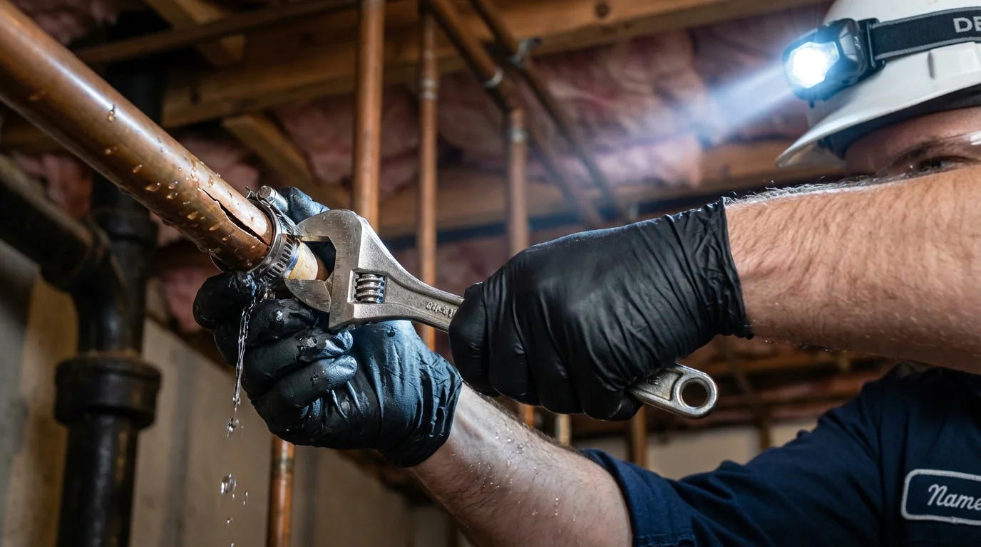 Emergency pipe clamp repair being performed by a Johns Plumbing LLC plumber in San Luis Obispo