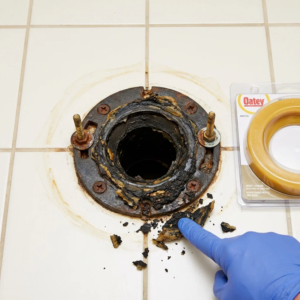 Failed wax ring showing water seepage at the base of a toilet in a San Luis Obispo, CA home