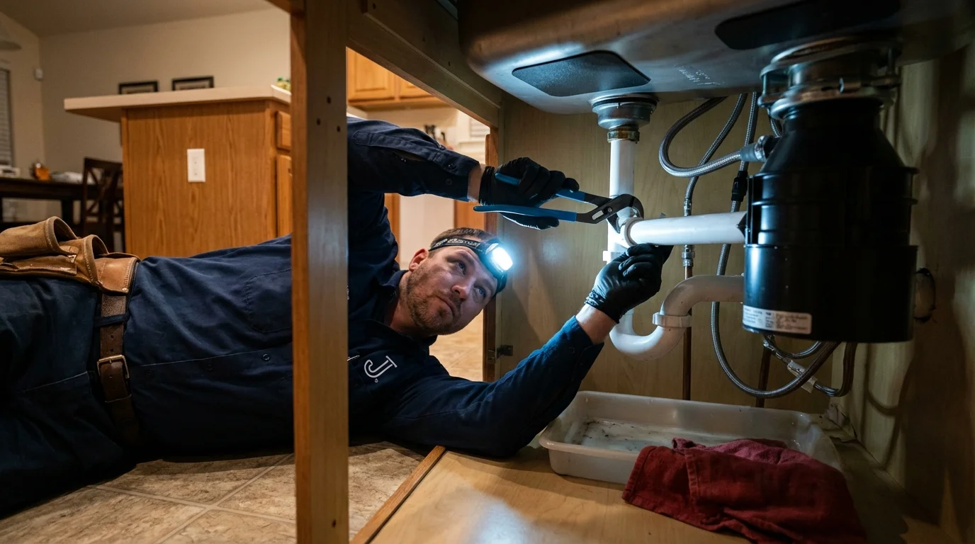 P-trap and supply line connections under a kitchen sink showing a common leak point in San Luis Obispo, CA